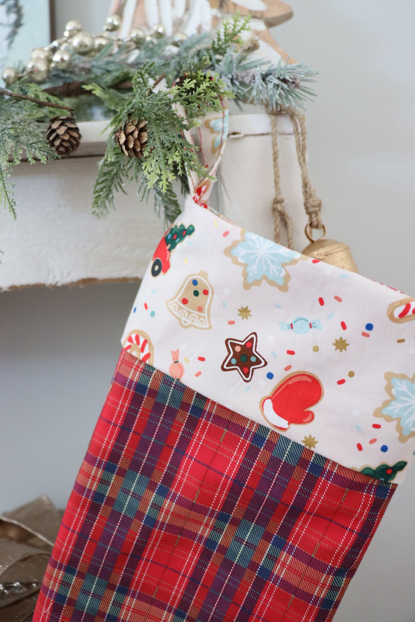 PLAID WITH CHRISTMAS COOKIES - HANDMADE CHRISTMAS STOCKING