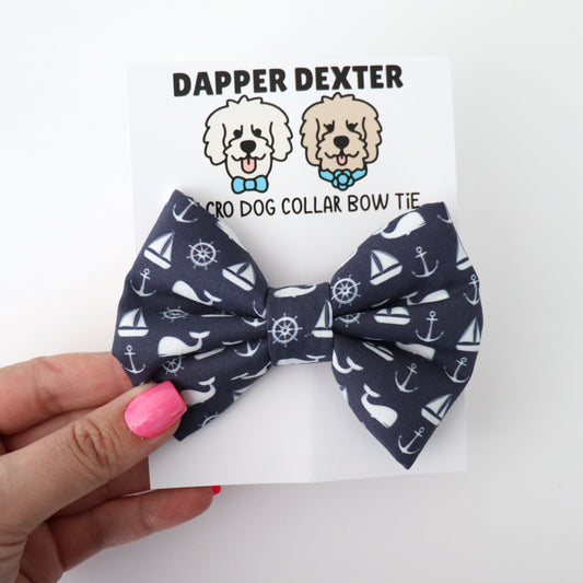 NAVY ANCHOR, WHALE & SAILBOATS- DAPPER DEXTER DOG BOW TIE
