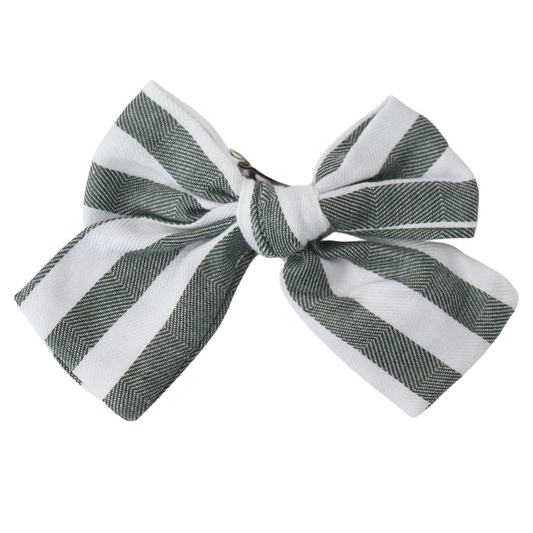 WHITE AND OLIVE STRIPES - HAIR BOW
