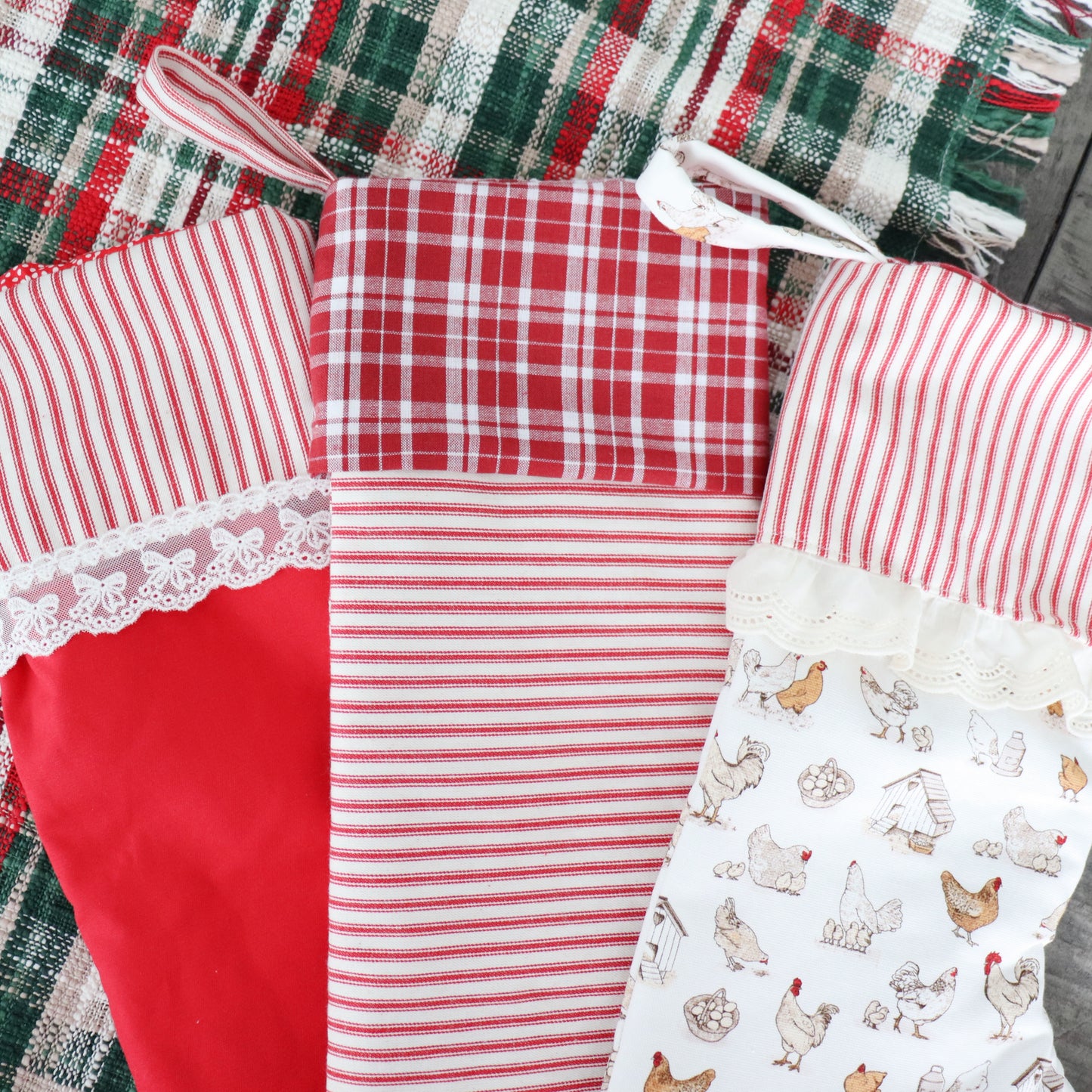 RED & IVORY STRIPES WITH PLAID CUFF - HANDMADE CHRISTMAS STOCKING