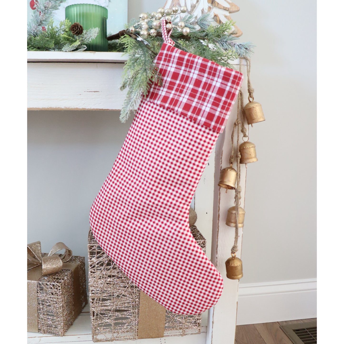 RED & IVORY GINGHAM WITH PLAID CUFF - HANDMADE CHRISTMAS STOCKING