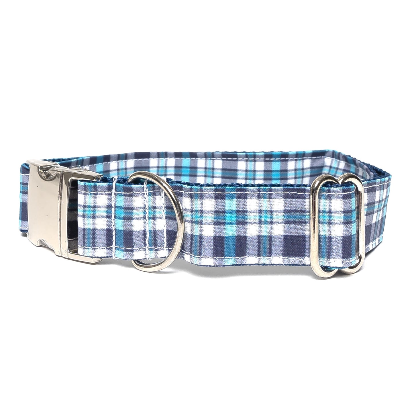NAVY, WHITE & AQUA PLAID - DOG COLLAR