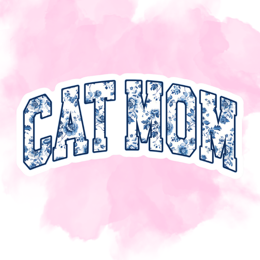 BLUE & WHITE FLORAL CAT MOM - STICKER