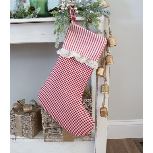 RED & IVORY GINGHAM WITH FRILL AND STRIPE CUFF - HANDMADE CHRISTMAS STOCKING