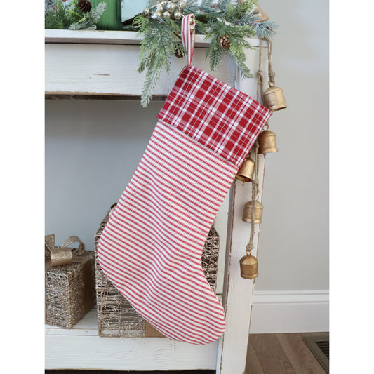RED & IVORY STRIPES WITH PLAID CUFF - HANDMADE CHRISTMAS STOCKING