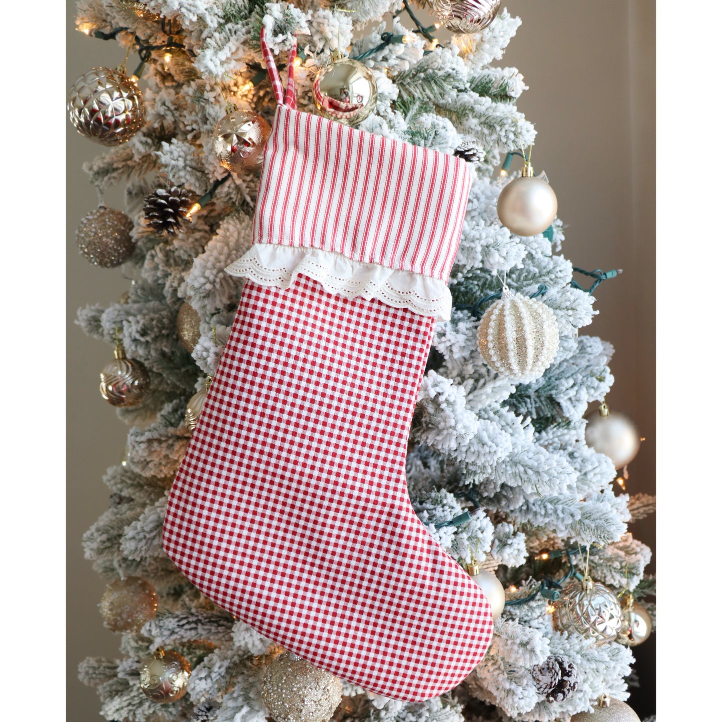 RED & IVORY GINGHAM WITH FRILL AND STRIPE CUFF - HANDMADE CHRISTMAS STOCKING