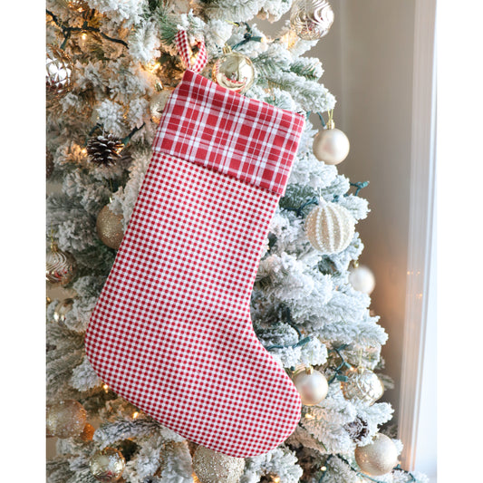 RED & IVORY GINGHAM WITH PLAID CUFF - HANDMADE CHRISTMAS STOCKING