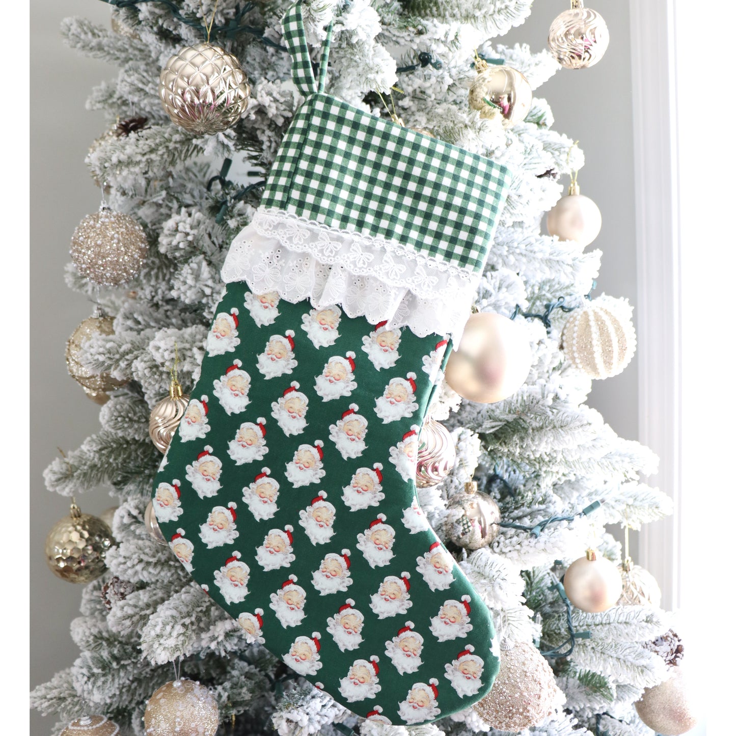 GREEN SANTA WITH FRILL - HANDMADE CHRISTMAS STOCKING