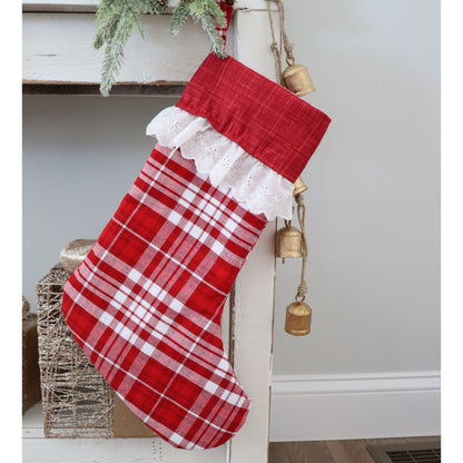 RED PLAID WITH FRILL  - HANDMADE CHRISTMAS STOCKING