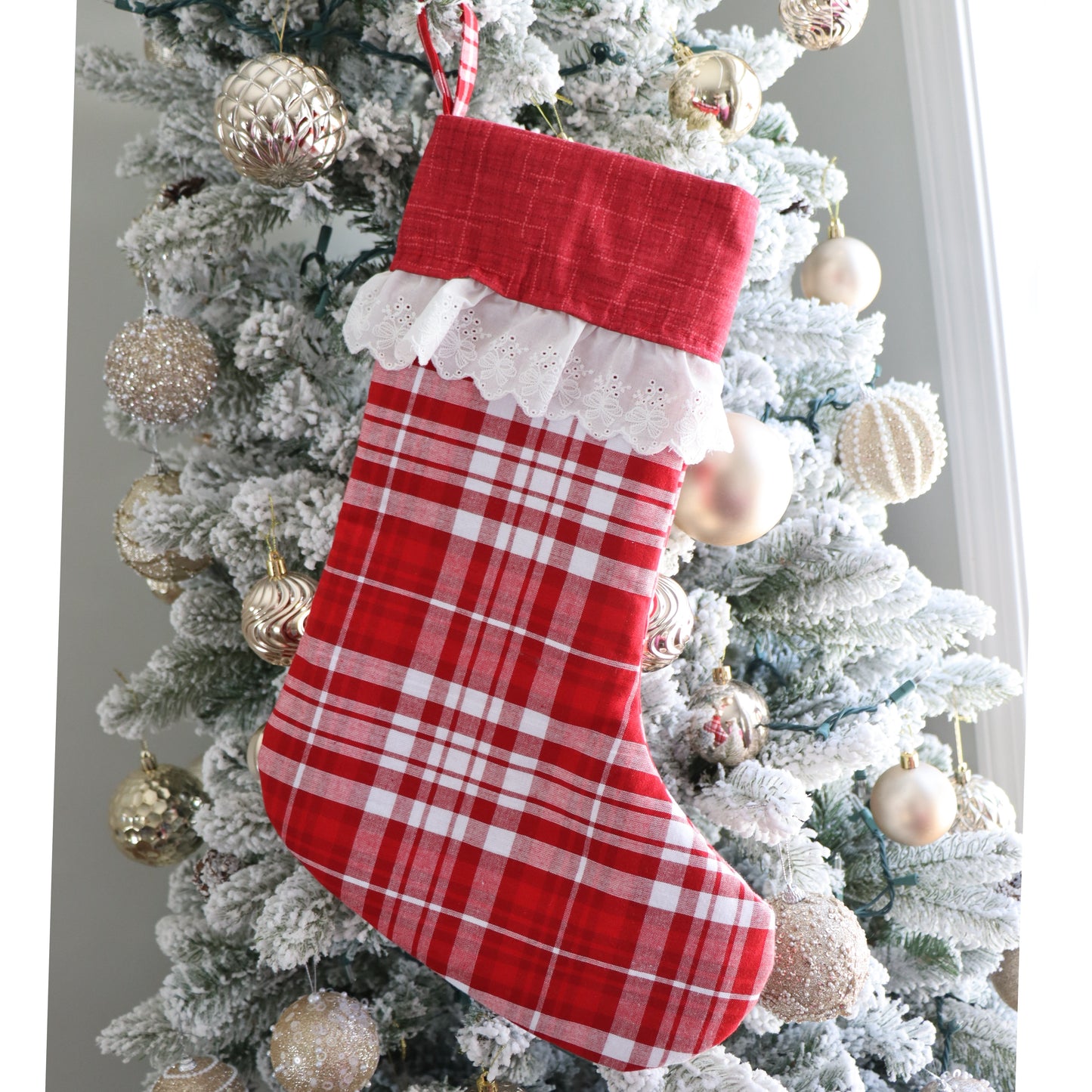 RED PLAID WITH FRILL  - HANDMADE CHRISTMAS STOCKING