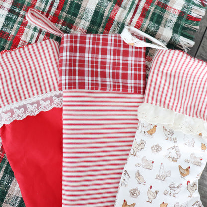 RED & IVORY STRIPES WITH PLAID CUFF - HANDMADE CHRISTMAS STOCKING