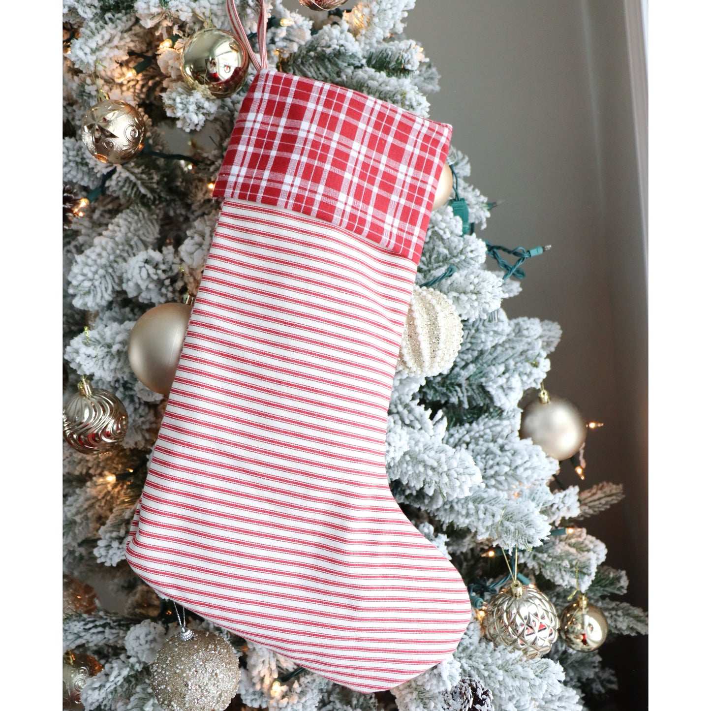 RED & IVORY STRIPES WITH PLAID CUFF - HANDMADE CHRISTMAS STOCKING