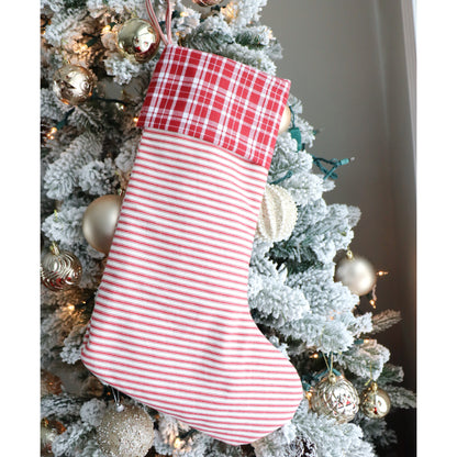 RED & IVORY STRIPES WITH PLAID CUFF - HANDMADE CHRISTMAS STOCKING
