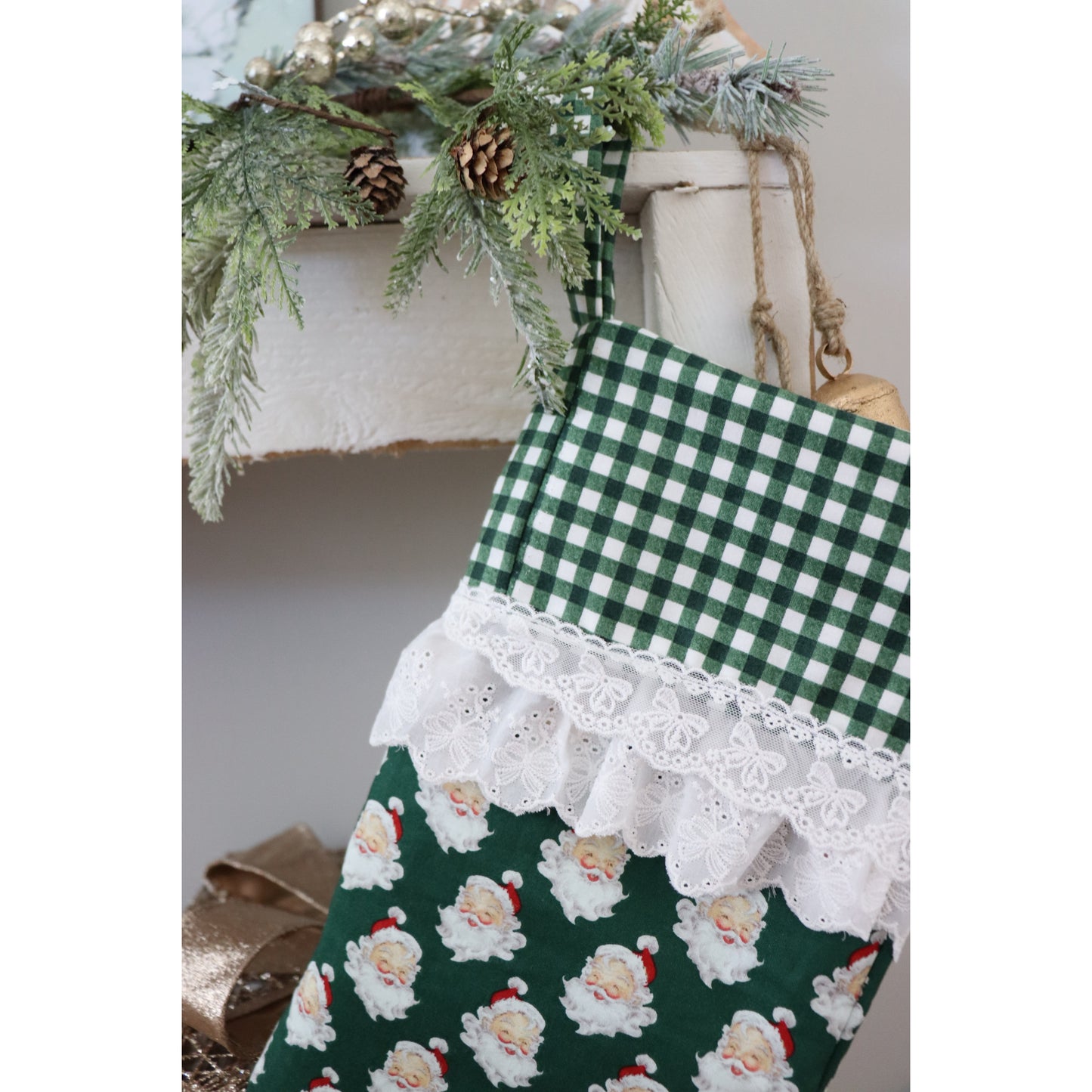 GREEN SANTA WITH FRILL - HANDMADE CHRISTMAS STOCKING