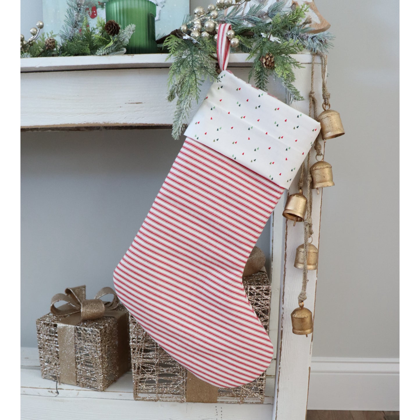 RED & IVORY STRIPES WITH TREE CUFF - HANDMADE CHRISTMAS STOCKING