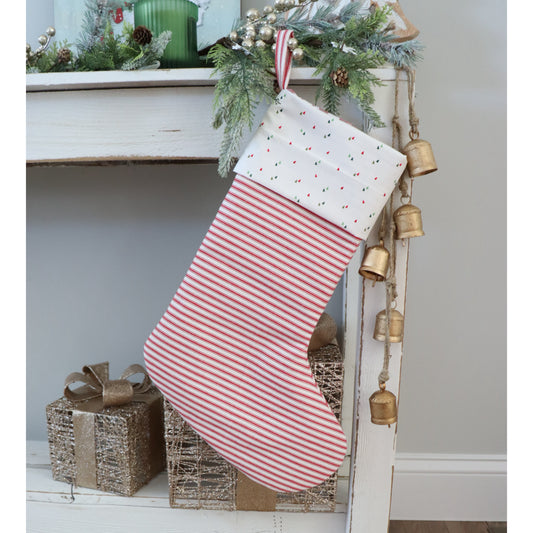 RED & IVORY STRIPES WITH TREE CUFF - HANDMADE CHRISTMAS STOCKING