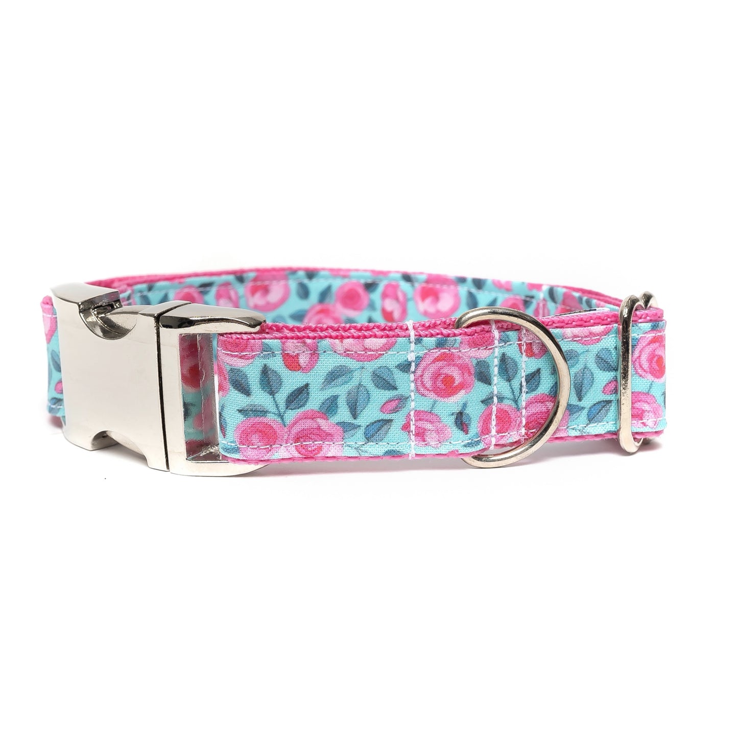 TEAL WITH PINK FLOWERS - DOG COLLAR