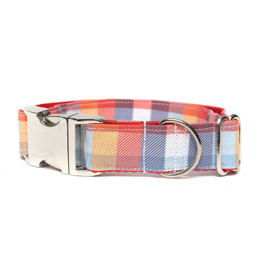 BURNT ORANGE, BLUE & RED PLAID - DOG COLLAR